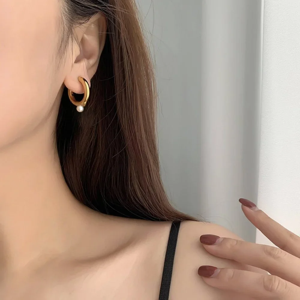 #NEW 925 Sterling Silver Pearl Drop Round Hoop Earrings